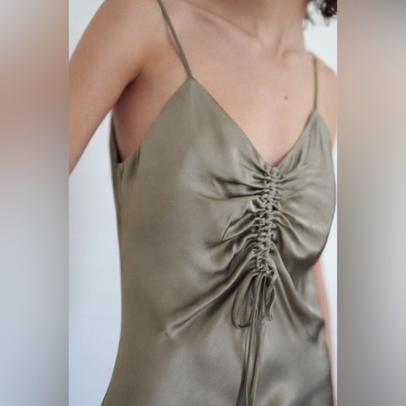 Zara Ruched Slip Dress Midi Satin Feel Size XS Grey Cocktail Party - Picture 10 of 10